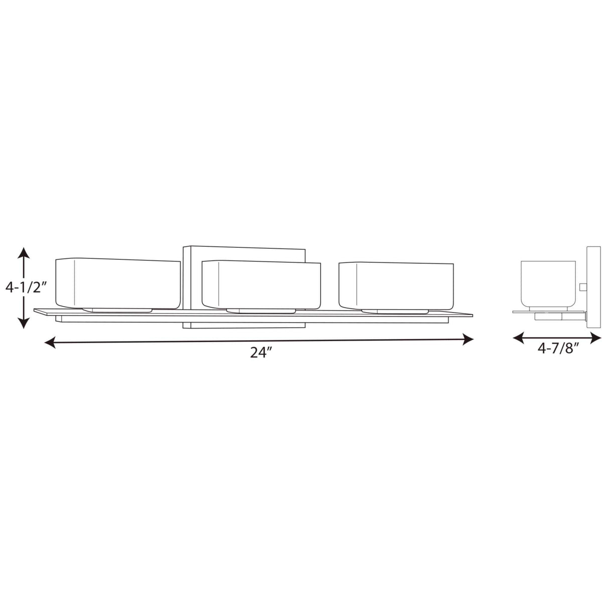 Line drawing of the bath light: 24 inches wide, 4-1/2 inches high, 4-7/8 inches deep