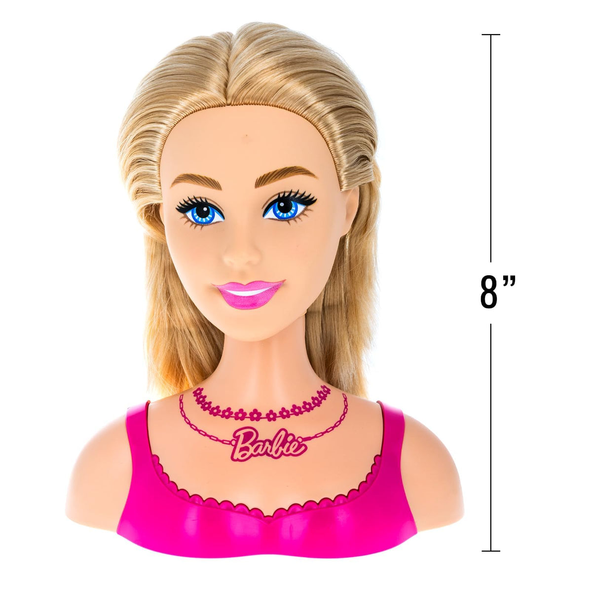Blonde Barbie styling head in a pink top shown with an 8 inch height marker