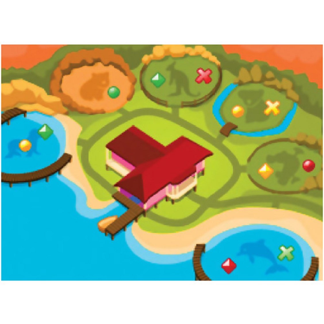 Map screen of an outback animal park with a red-roofed clinic and dolphin pools