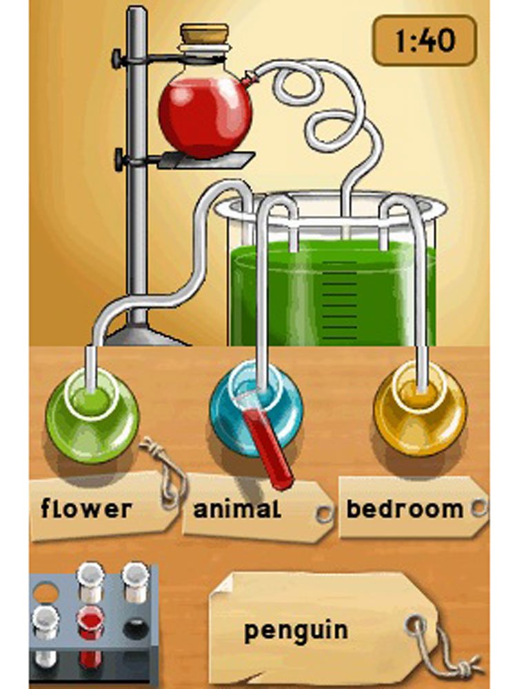 Science lab word sorting game with flasks labelled flower, animal and bedroom