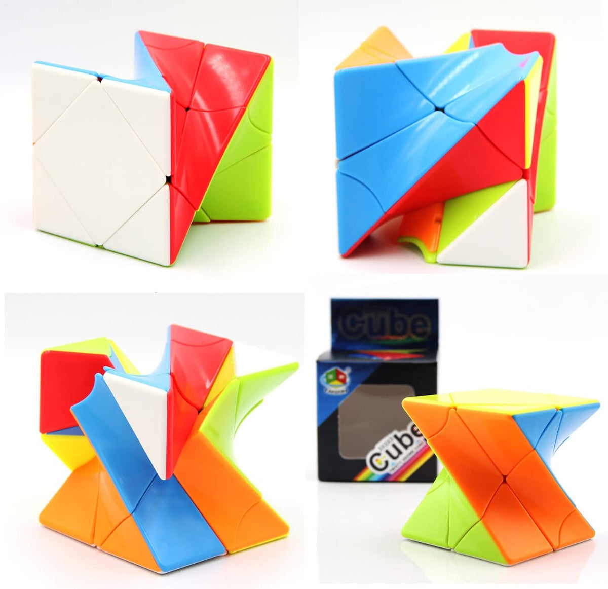 Four views of the twisted puzzle cube, one beside its black and blue box