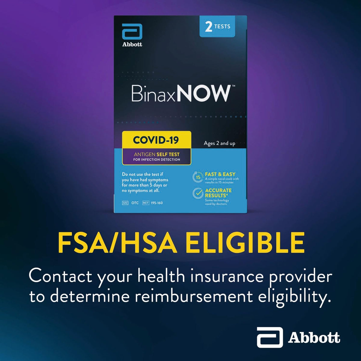 BinaxNOW test box with FSA/HSA eligible text on a purple background