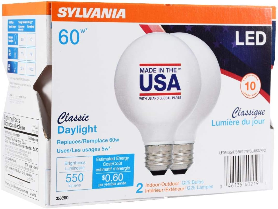 Front of the two-pack globe bulb box: 550 lumens, 5 watts, Made in the USA