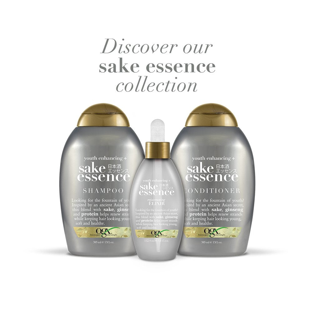Sake essence shampoo, rejuvenating elixir and conditioner in silver bottles with gold caps