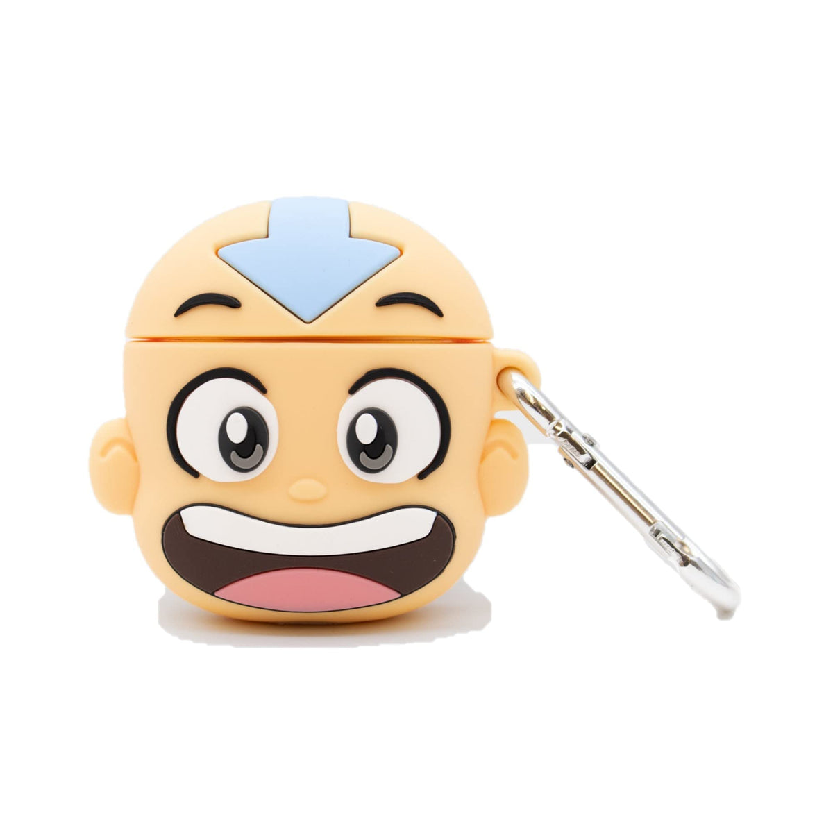 Smiling Aang head silicone AirPods case with blue arrow and a silver clip