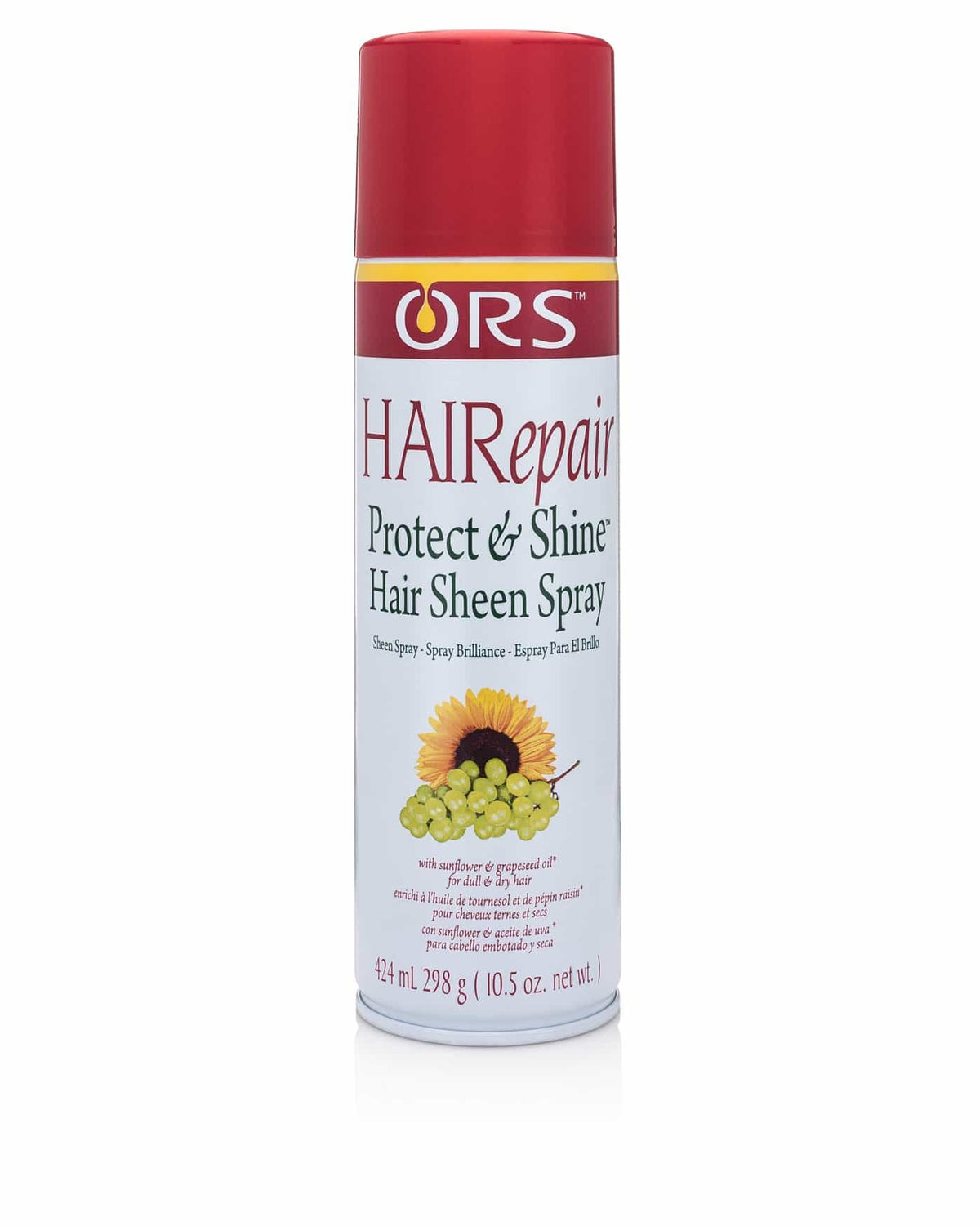 Red and white 10.5 oz can of protect and shine hair sheen spray with sunflower and grapes