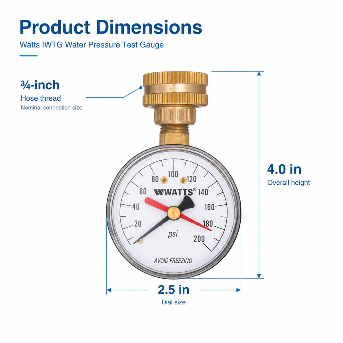 Watts gauge dimensions: 4 inch tall, 2.5 inch dial, 3/4 inch hose thread