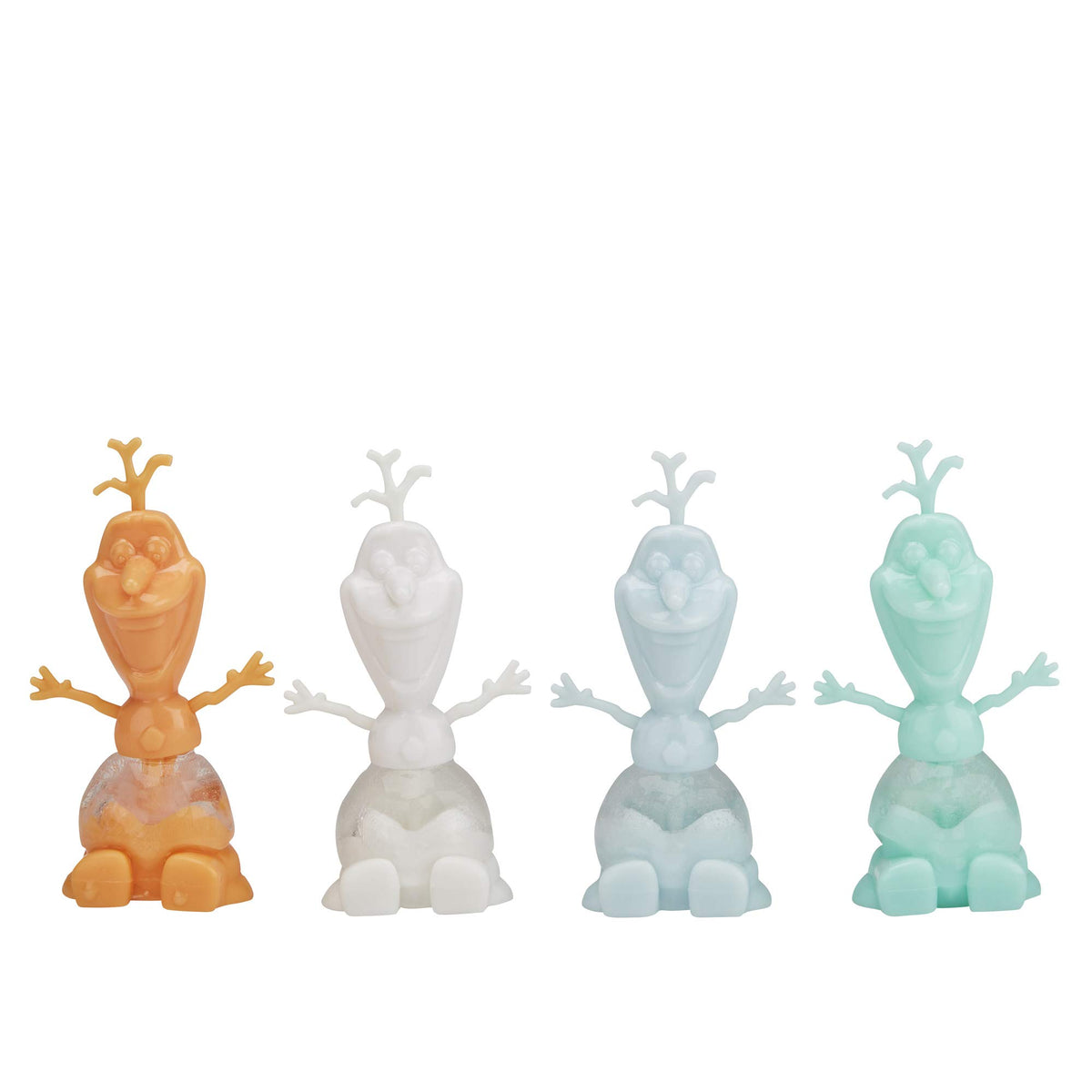 Four Olaf pawns in orange, white, light blue and mint with frozen ice bodies