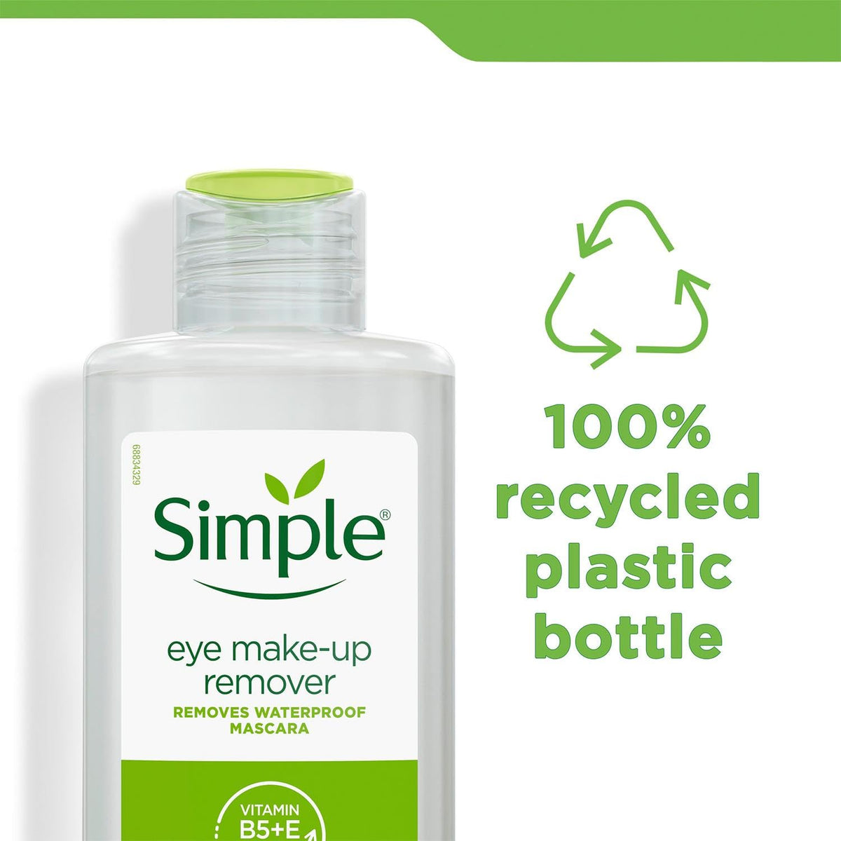 Top of the bottle with green recycling symbol and 100 percent recycled plastic text