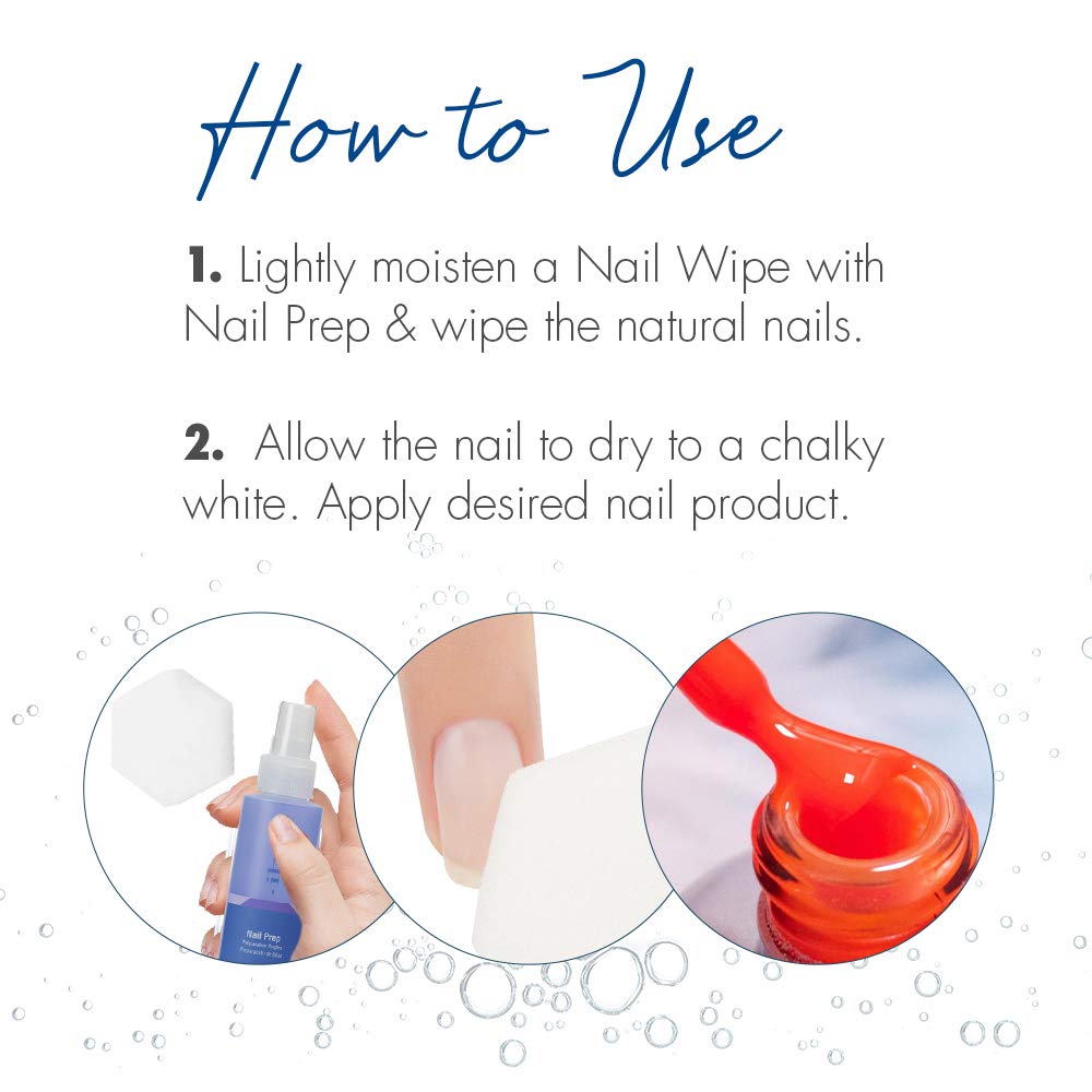 How-to graphic: wipe nails with nail prep on a pad, let dry chalky white, apply polish