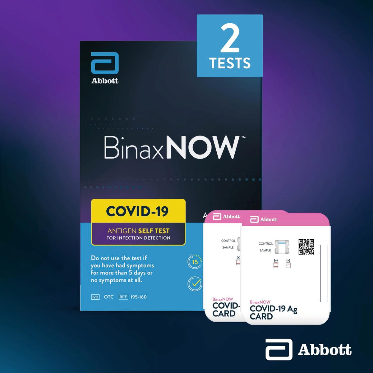 BinaxNOW 2 test box beside two pink-topped COVID-19 Ag test cards