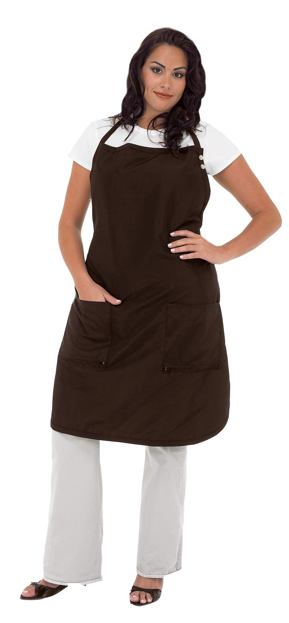 Woman wearing a long chocolate brown stylist apron with two zippered bottom pockets