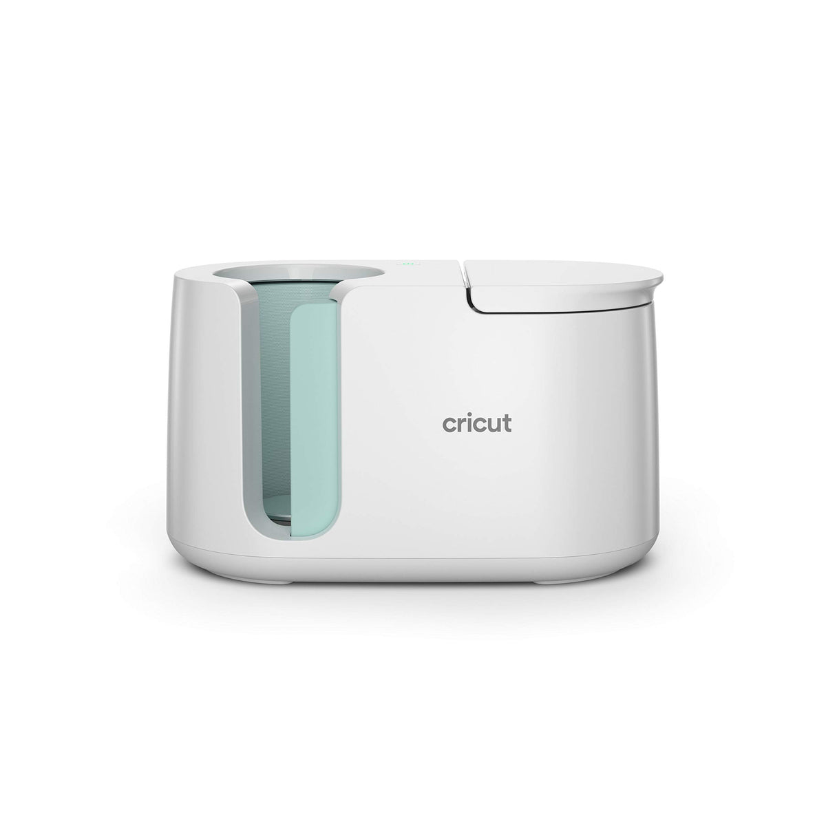 White Cricut Mug Press with mint green heat plate, front view