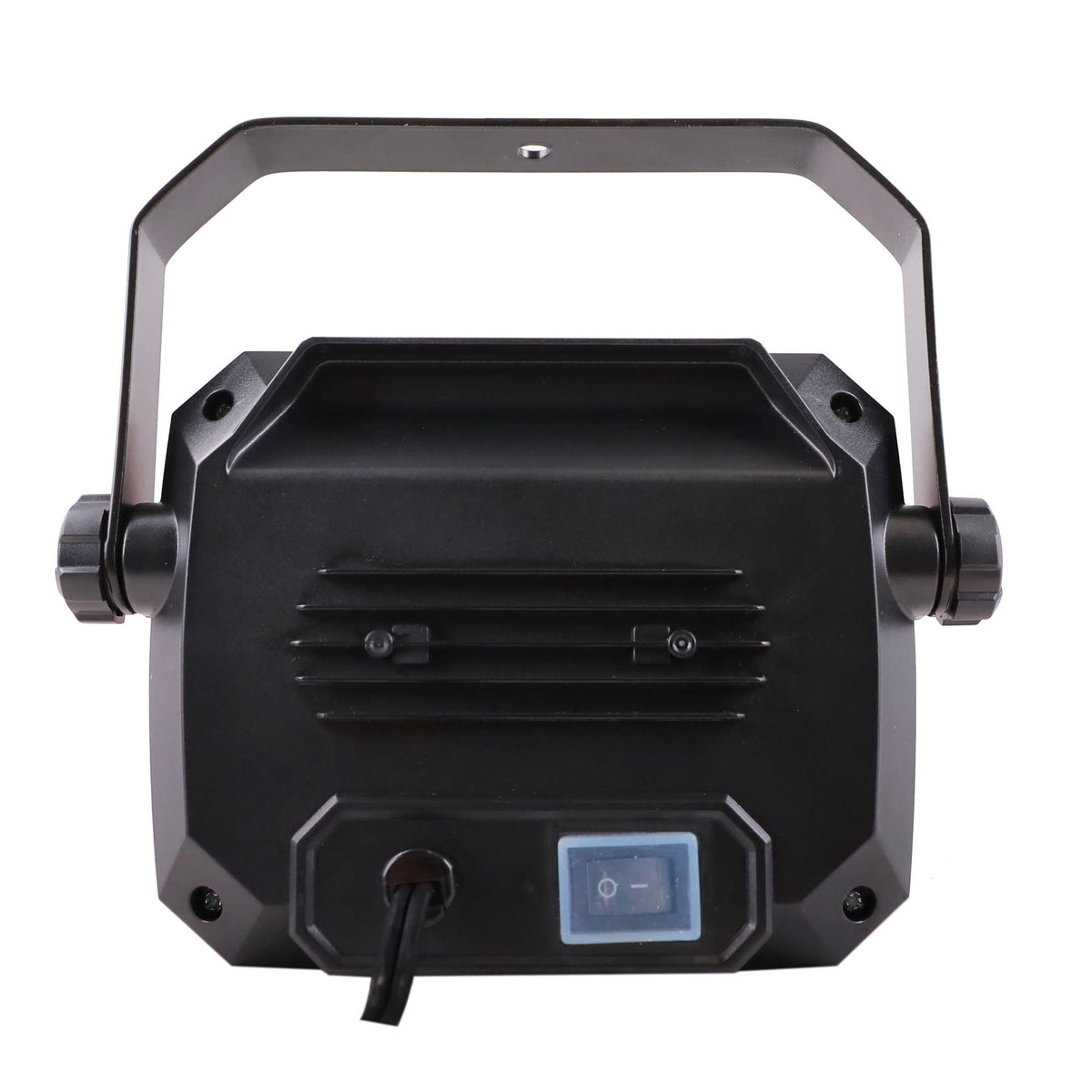 Back of the LED work light with cooling fins, power cord and rocker switch