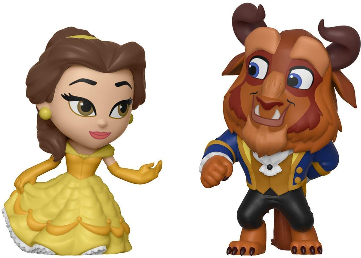 Close-up of Belle and Beast mini vinyl figures side by side
