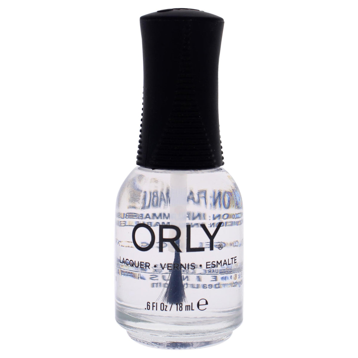 Orly clear nail lacquer in a 0.6 oz glass bottle with black cap