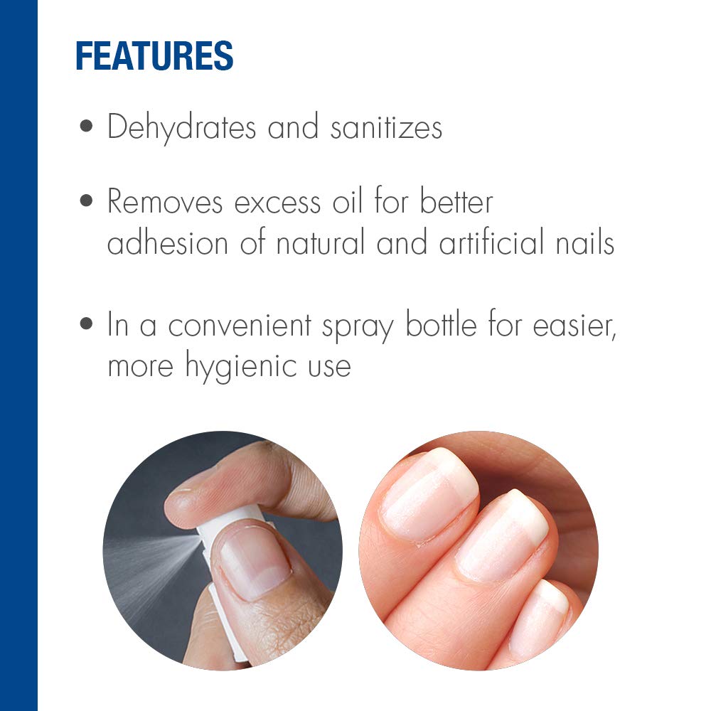 Features list beside close-ups of spraying a nail and clean natural nails