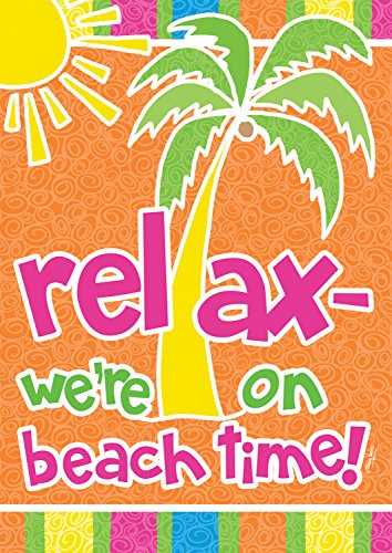 Flat view of the orange beach time flag with a palm tree and striped border