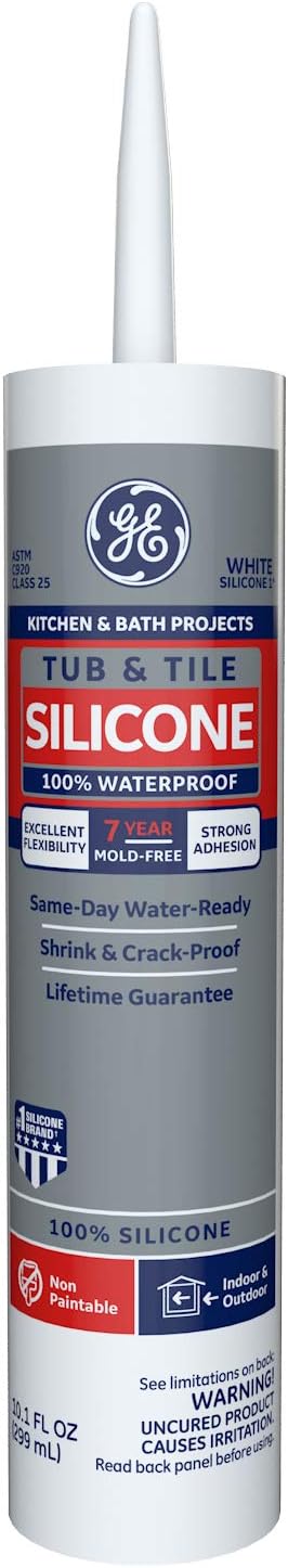 Grey and red 10.1 oz cartridge of white tub and tile silicone sealant