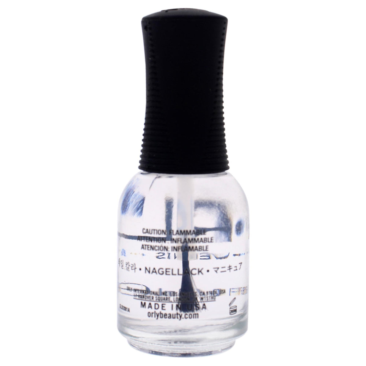 Back of the clear Orly lacquer bottle with caution text and Made in USA