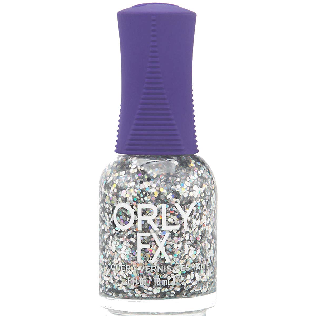 Orly FX silver holographic glitter polish bottle with a purple cap, front view
