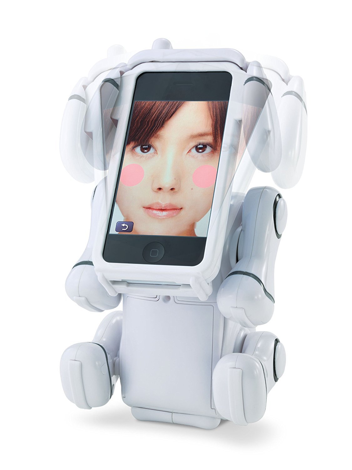 Robot dog wagging its head showing a woman's face with pink cheeks on screen
