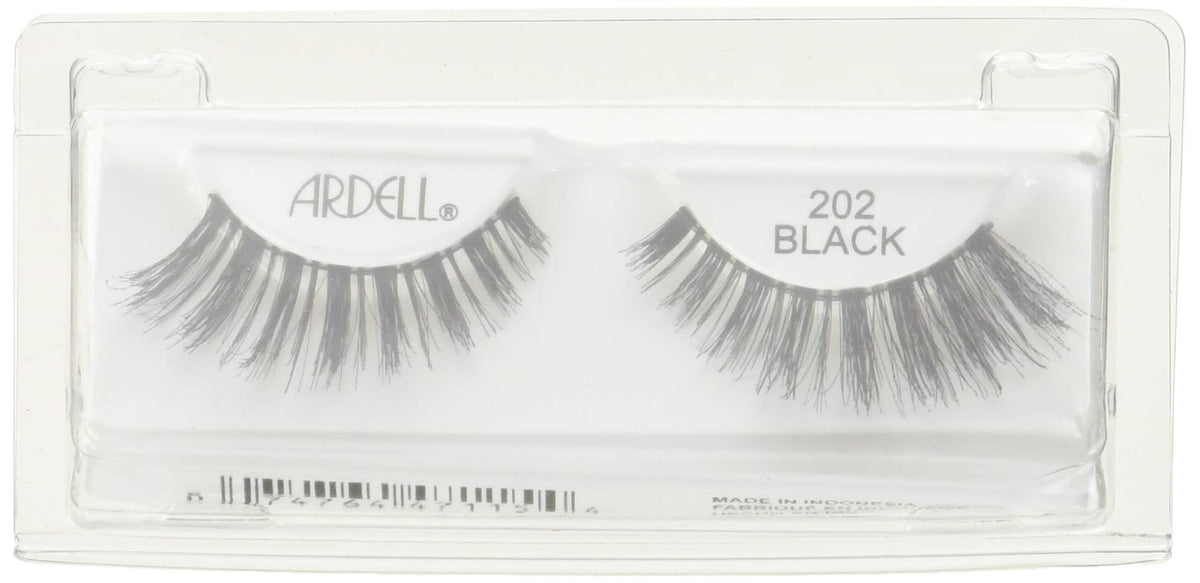 Two wispy black strip lashes on a white tray in a clear case