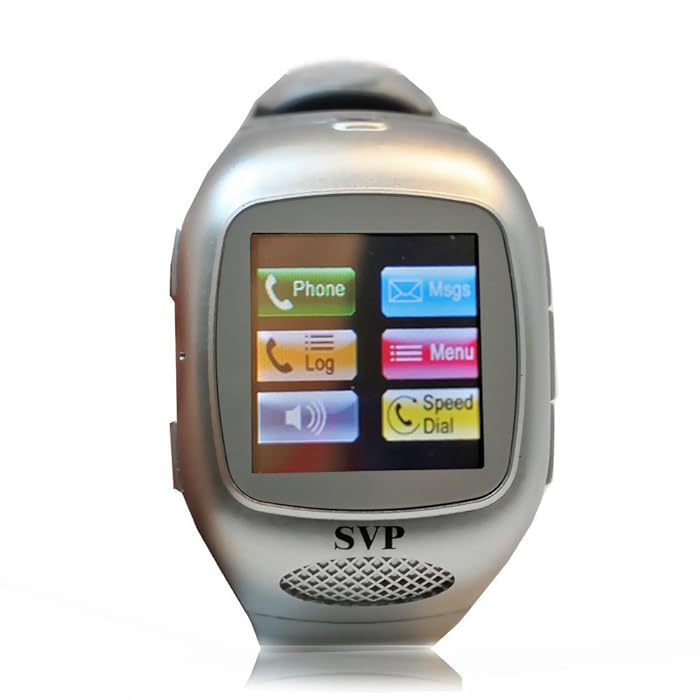 Front of a silver watch phone with a square touchscreen showing call and message icons
