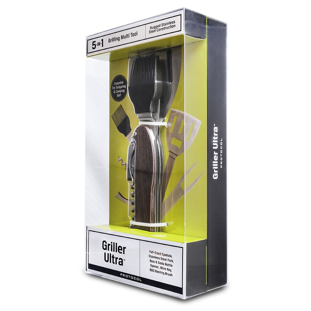 Grill multi-tool in a clear window box with a lime green insert