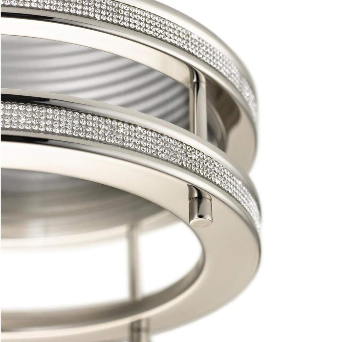 Close-up of the crystal-studded nickel rings and ribbed baffle inside the trim