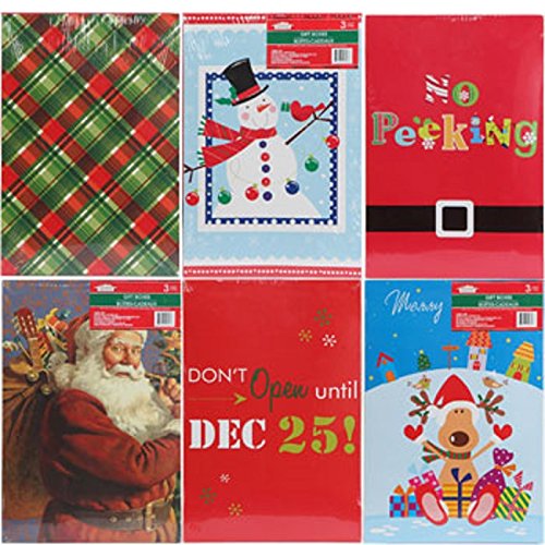 Six Christmas shirt box designs including plaid, snowman, Santa, reindeer and Don't Open until Dec 25