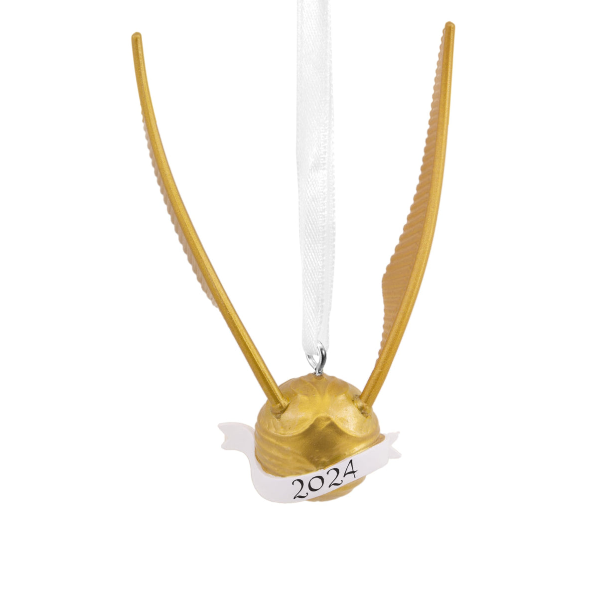 Gold winged ball ornament with a white 2024 banner