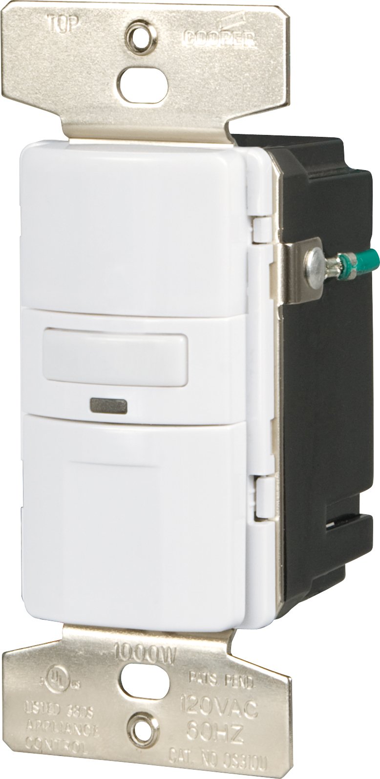 White wall motion sensor switch with a sensor lens and push pad on a metal strap