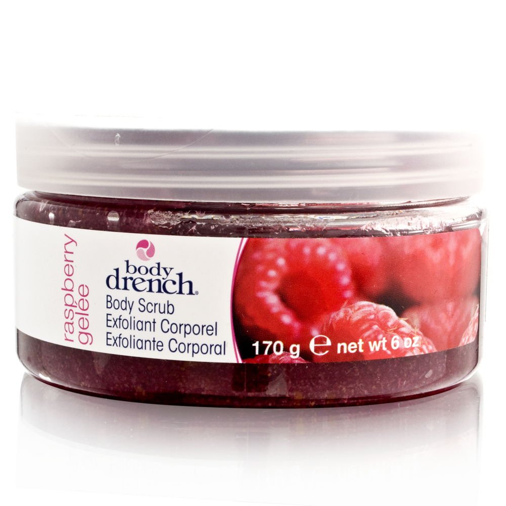 Clear 6 oz tub of raspberry gelee body scrub with a frosted lid and raspberry label