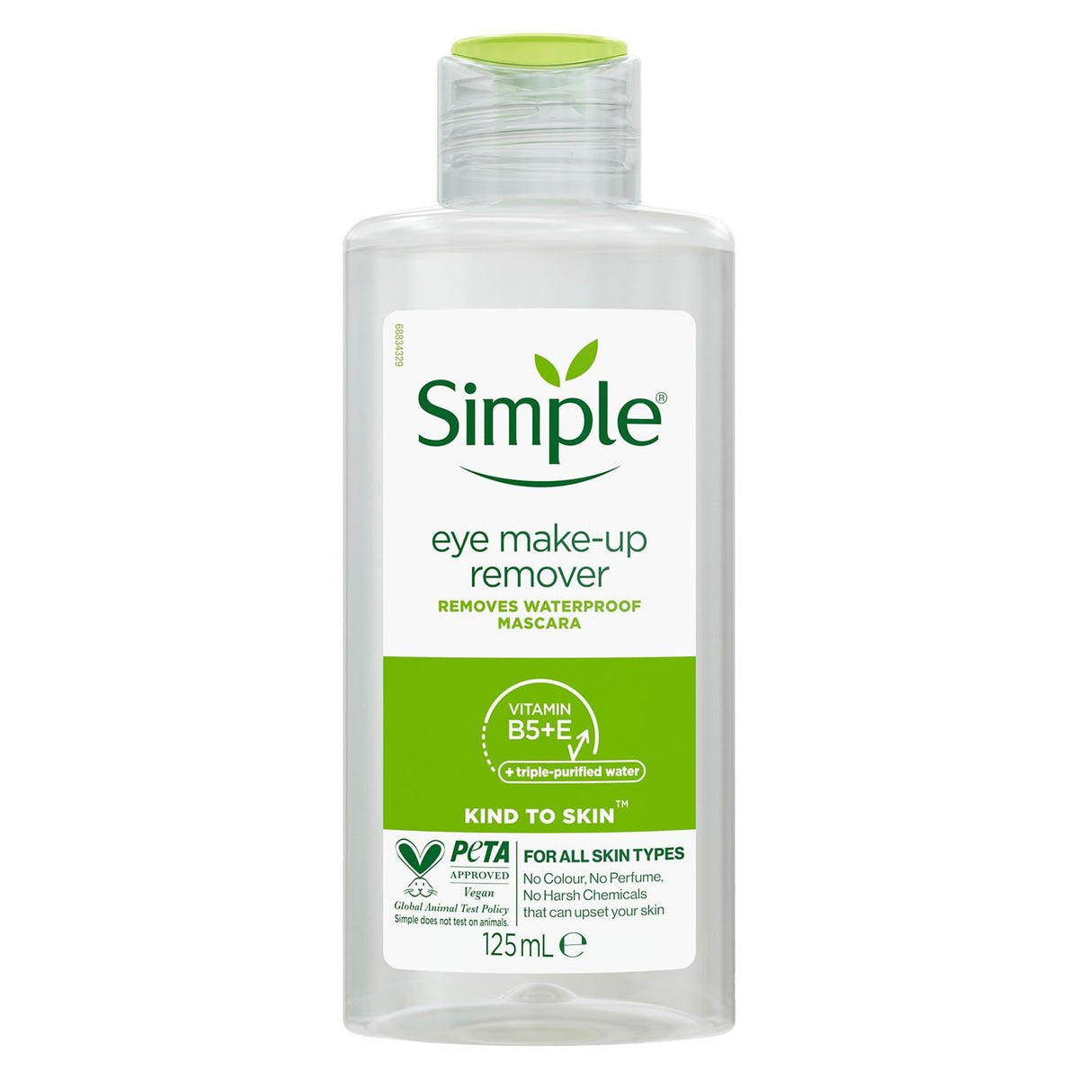 Clear 125 ml bottle of Simple eye make-up remover with green flip cap and label