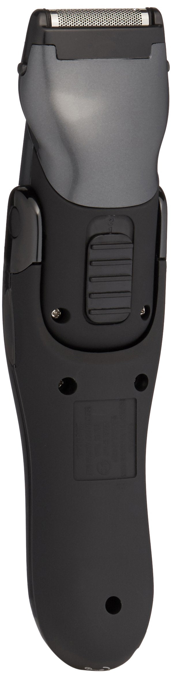 Back of the black and grey trimmer showing its two-setting length slider