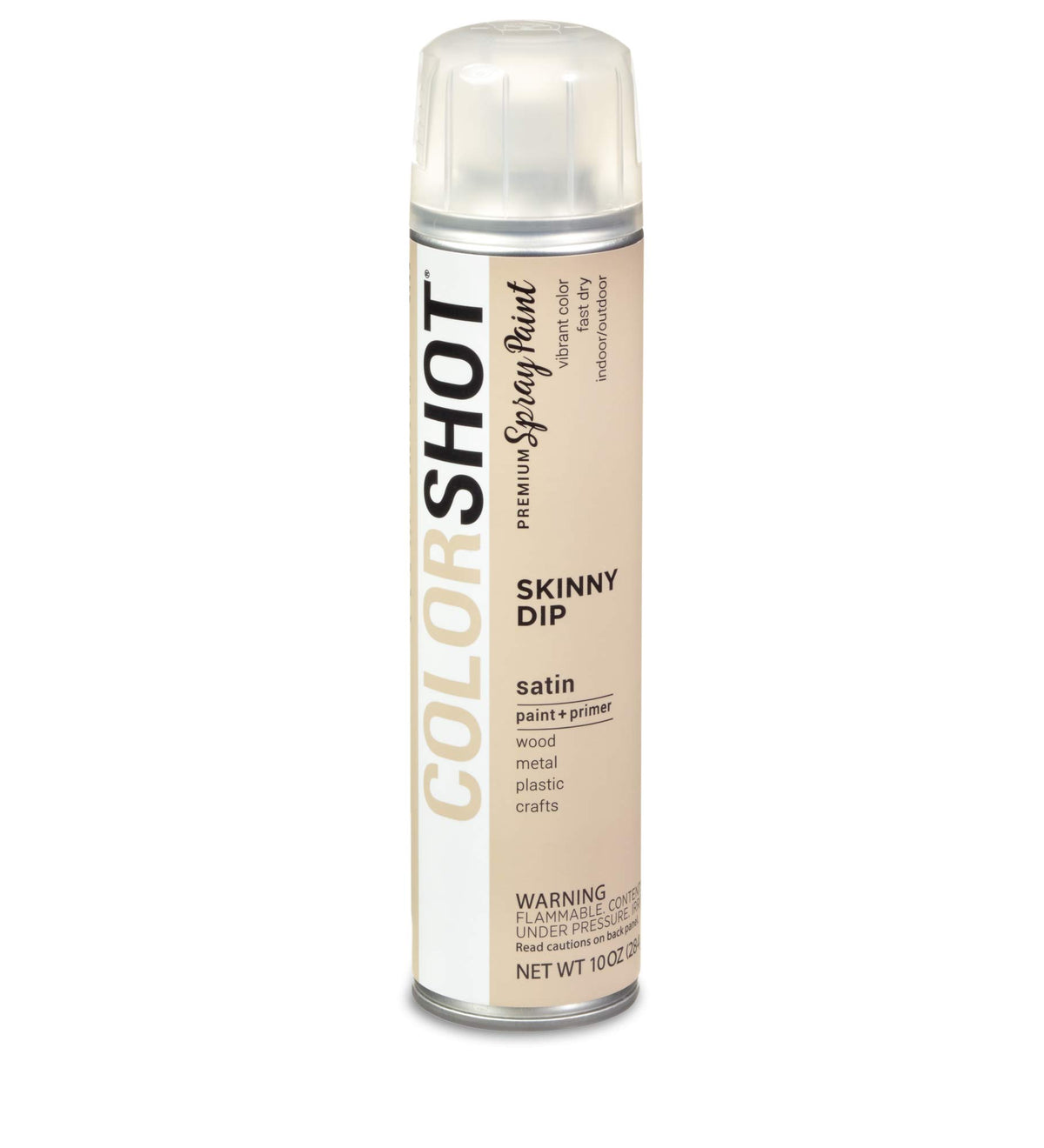 Beige 10 oz can of satin spray paint and primer in shade Skinny Dip