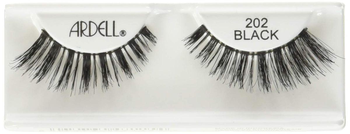 Close-up of the full, criss-cross black false lashes, style 202