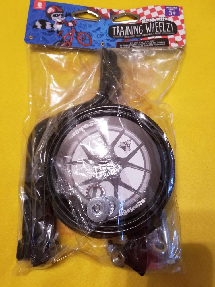 Raskullz Training Wheelz kit in clear bag with black wheels, brackets and hardware