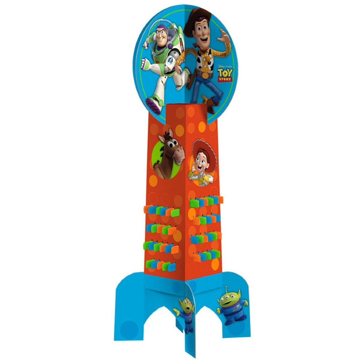 Orange cardboard tower game topped with Woody and Buzz, with Jessie, Bullseye and aliens
