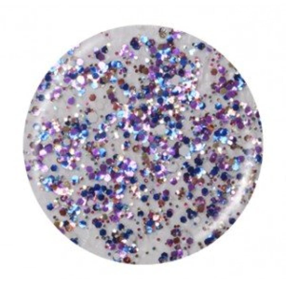 Round swatch of clear polish with violet, cobalt and rose gold hex glitter