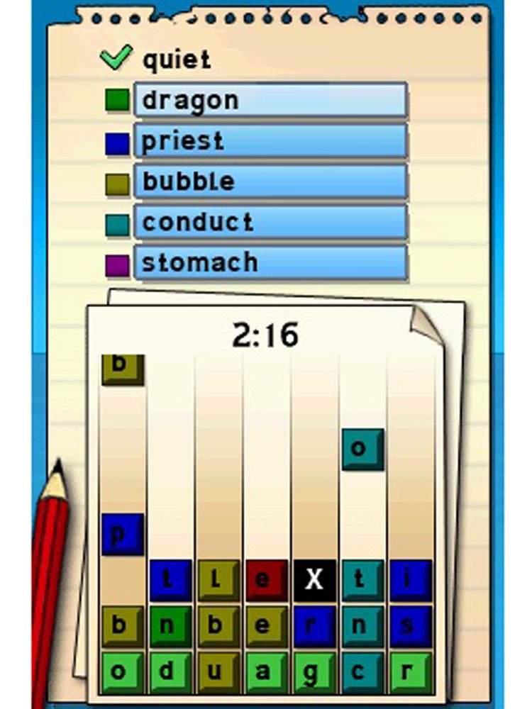 Falling letter tiles spelling words like dragon, priest and bubble on lined paper