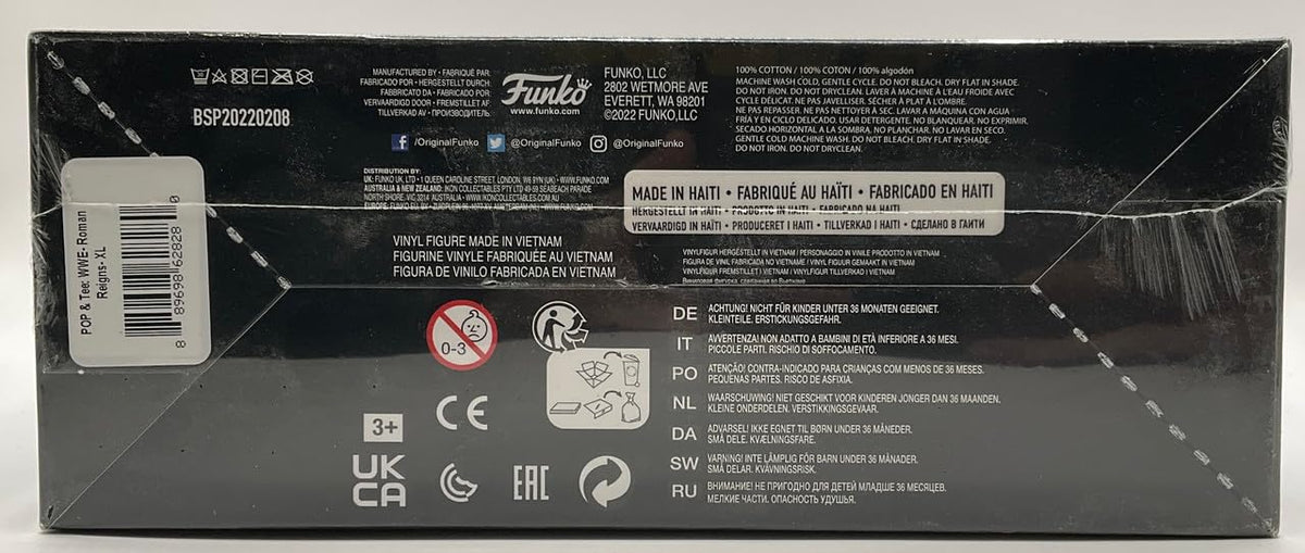 Bottom of the box with care symbols, warnings and an XL size label