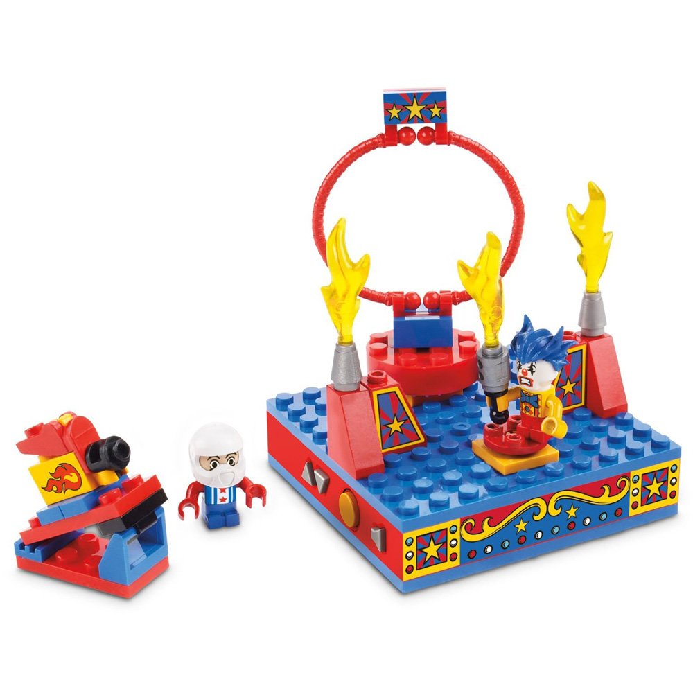 Red and blue brick-built circus stage with flaming hoop, clown, cannon and stunt rider