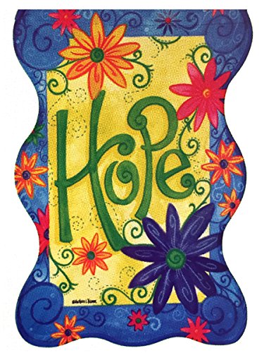 Flat view of the Hope flag with a blue swirl border and bright daisies