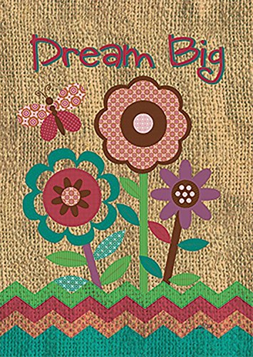 Flat view of the burlap-look flag with pink and teal flowers and a zigzag border