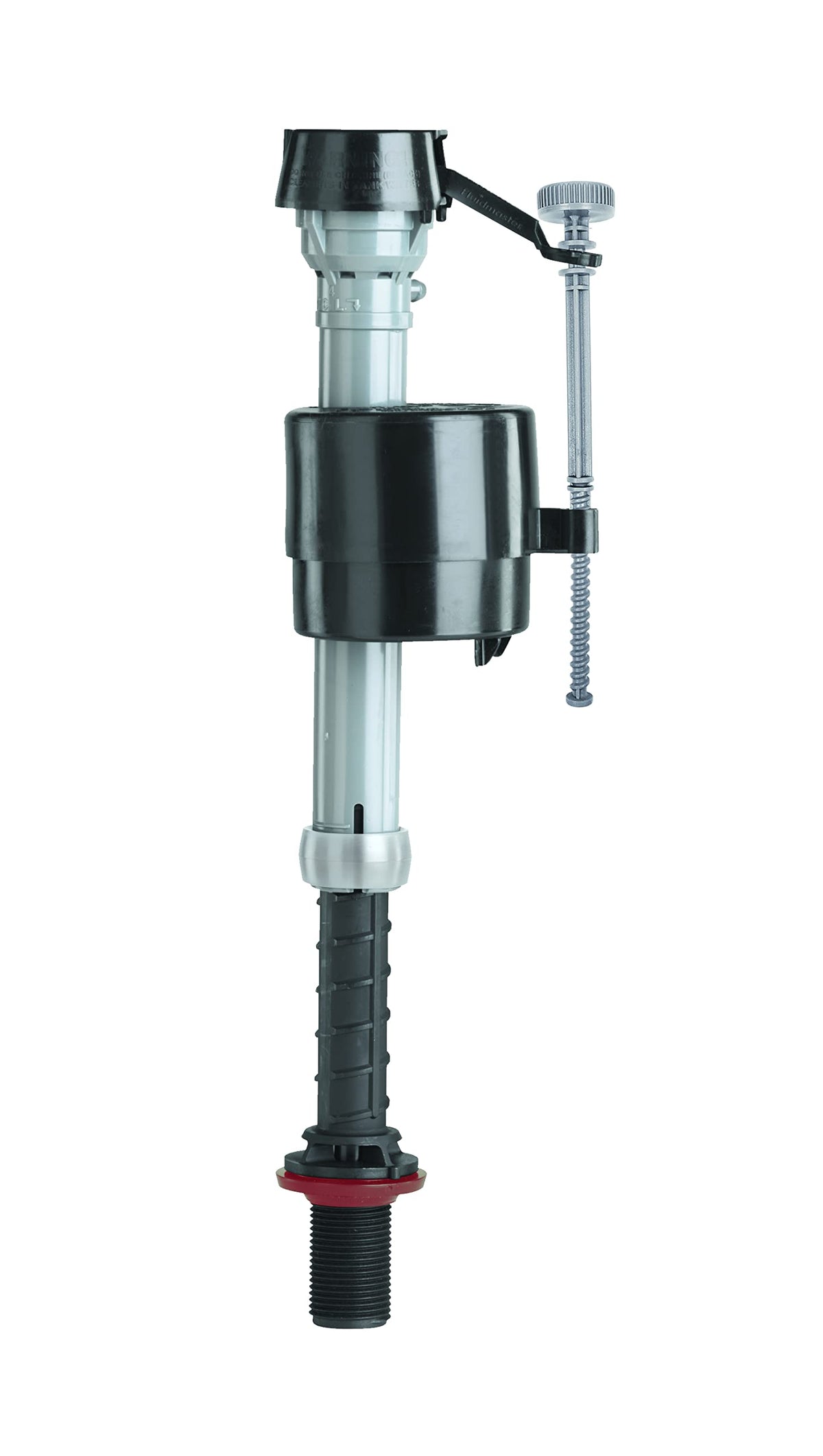 Black and grey adjustable toilet fill valve with float cup and height adjustment rod