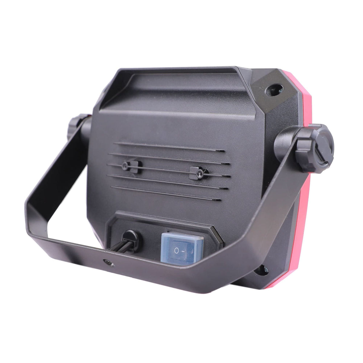 Angled rear view of the work light with handle folded down and covered switch