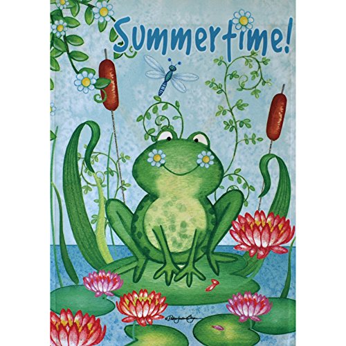 Garden flag with a smiling frog on a lily pad among cattails and water lilies, Summertime