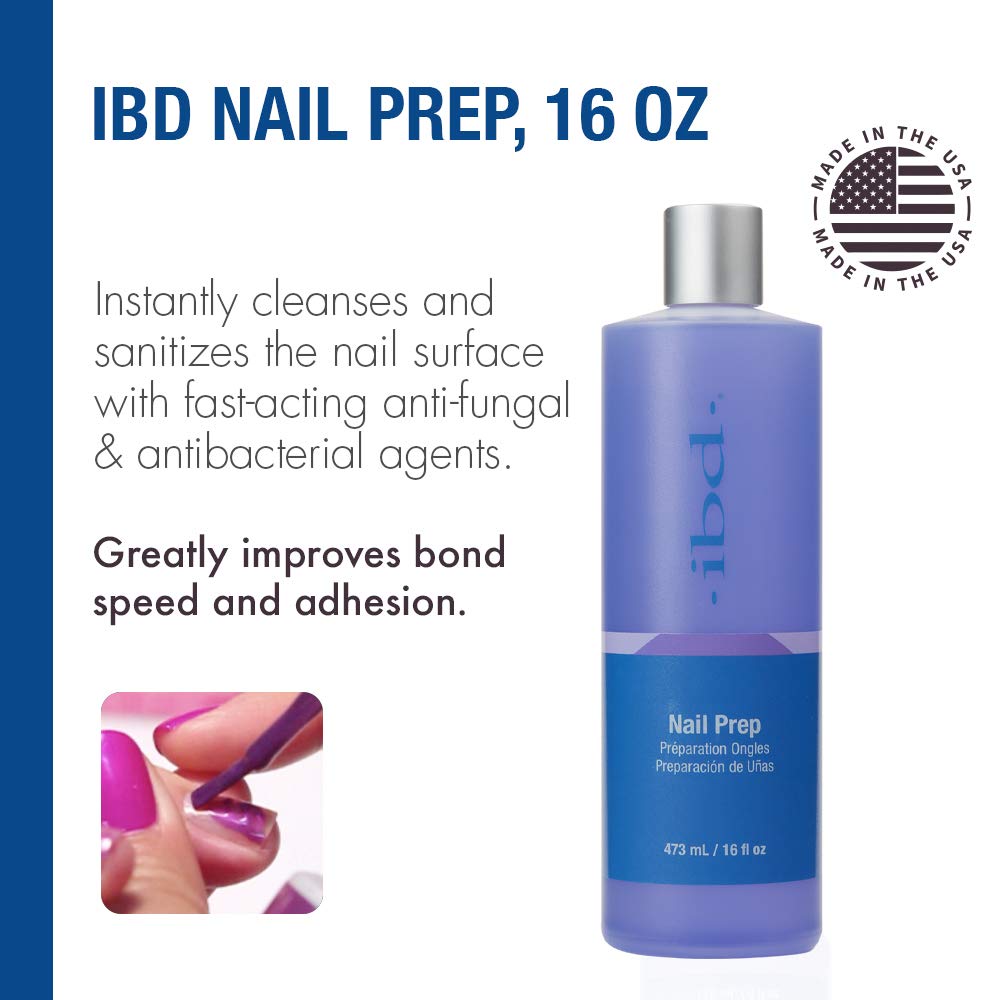 Nail prep bottle with Made in the USA badge and an inset of a brush on a pink nail